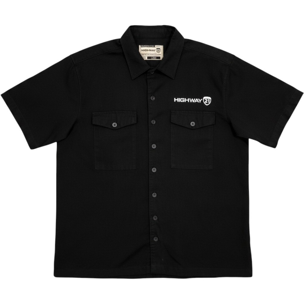 Highway 21 Motorcycle Shirt Mens Large Black Graphic Twill Work Shirt Pockets